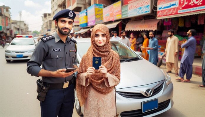 A Pakistani veiled woman driver shows her Driving License to police